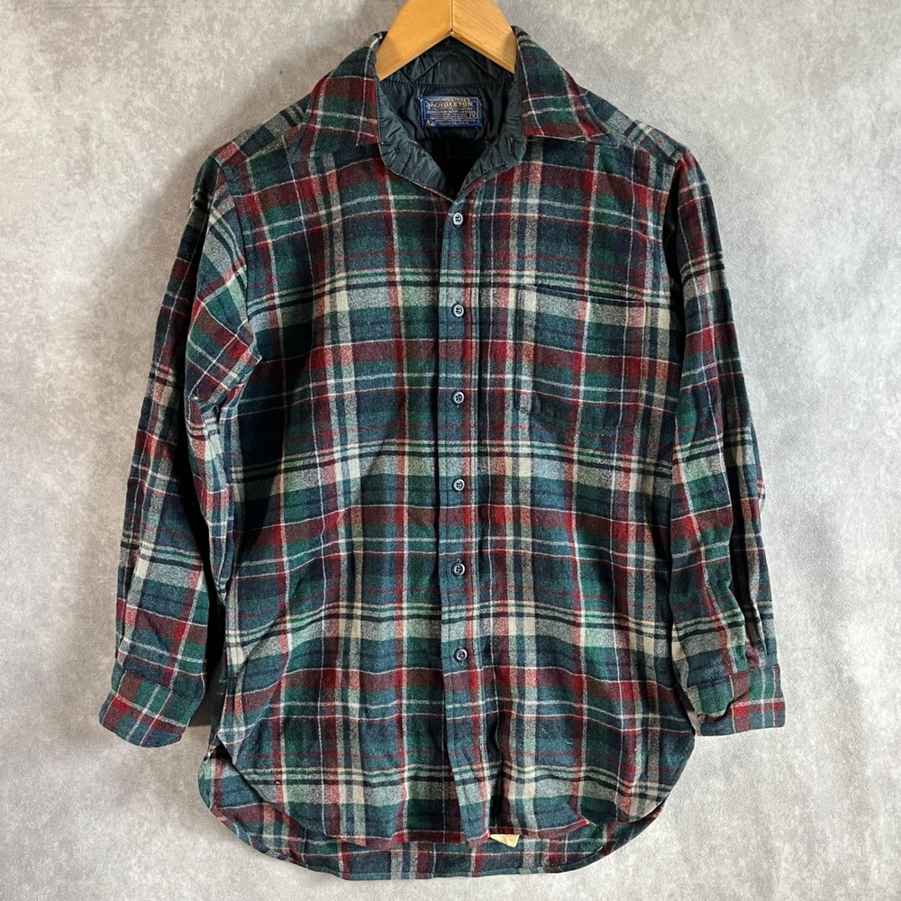 Pendleton Wool Flannel Shirt Men S Green Red Plaid Vintage Made USA **See Pics**